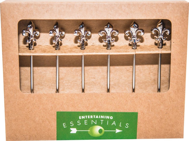 Cork Pops Stainless Steel Cocktail Picks With Fleur De Lis Motif Set of 6 Silver 6x75x475