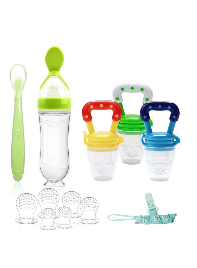 WAJIAYON Food Feeder for Baby, Fruit Feeder Pacifier (3 Pcs) with 6 Different Sized Silicone Pacifiers 1 PCS Silicone Baby Food Dispensing Spoon 90ML with 1 PC Baby Spoons 1 PC Pacifier Clip Baby Feeding Set - Image 1