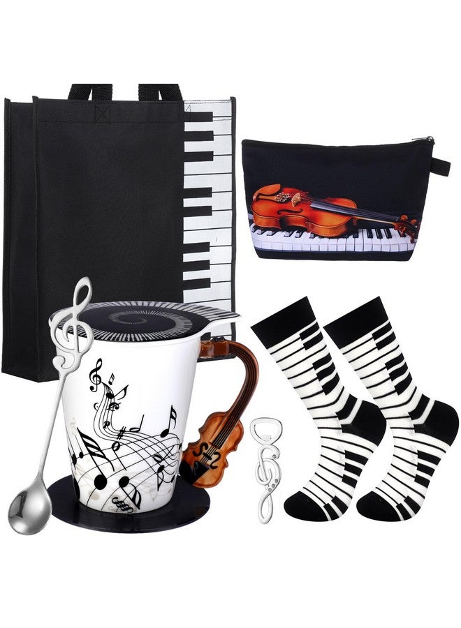 Potchen 7 Pieces Music Appreciation Gift Set Include Ceramic Music Coffee Mug Piano Handbag Sock Cosmetic Bag Guitar Bottle Opener Spoon Insulated Coaster for Art Lover Teacher(Guitar Style 2) - Image 1