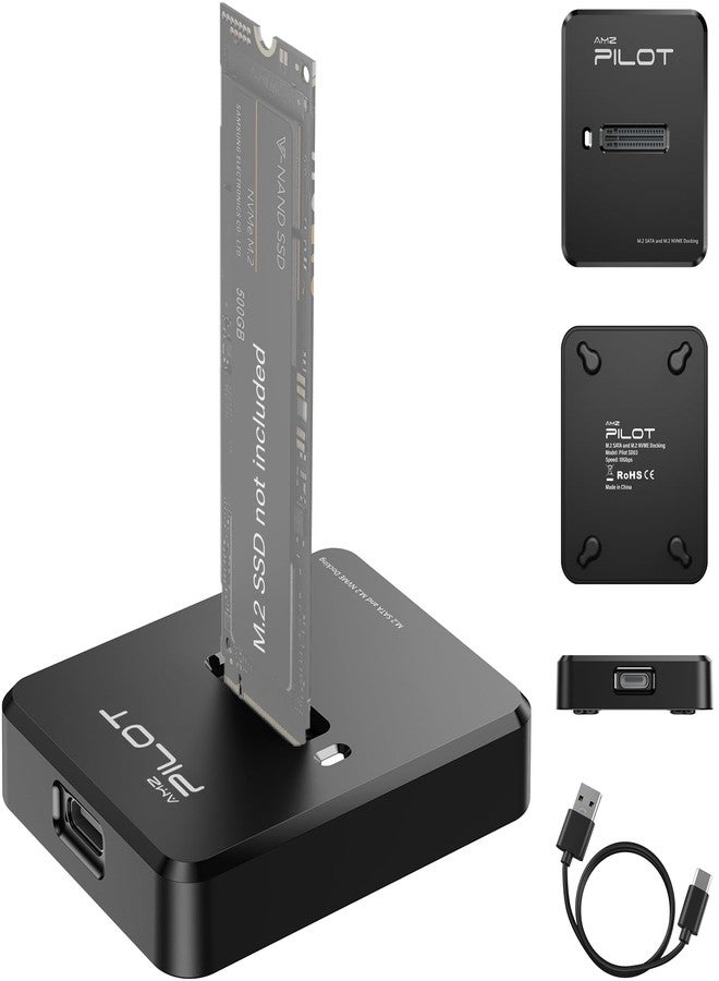 AMZPILOT M.2 NVMe & SATA to USB C Docking Station, M.2 SSD to USB A C Reader Adapter for Both M Key & B+M Key NVMe PCIE and SATA NGFF SSD Dock, Size for 22110 2280 2260 2242 2230 Enclosure - Square - Image 1