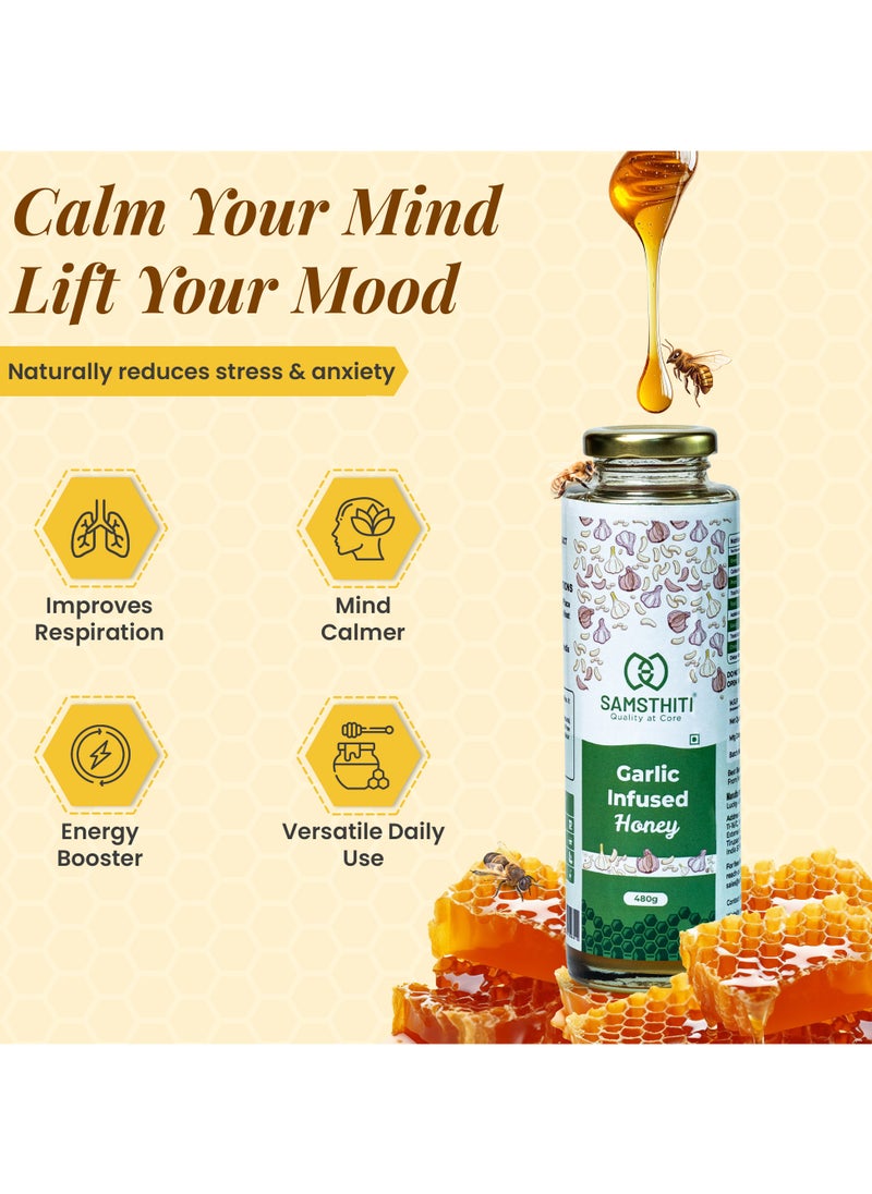 Samsthiti Garlic Infused Honey, 100% Pure Organic Honey with Natural Garlic Extract, No Added Sugar or Preservatives, Ayurvedic Health Tonic, Honey for Immunity, Digestion, Cold & Heart Health – 480g  - Image 2