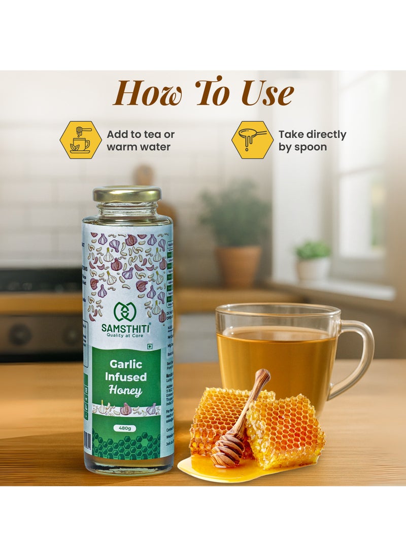 Samsthiti Garlic Infused Honey, 100% Pure Organic Honey with Natural Garlic Extract, No Added Sugar or Preservatives, Ayurvedic Health Tonic, Honey for Immunity, Digestion, Cold & Heart Health – 480g  - Image 4