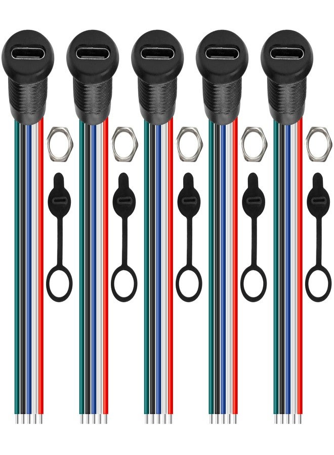 MEIRIYFA Type-C Female Chassis 5P 24AWG Wire,USB Type C Waterproof Pigtail Extension Power Cable Type C to 5 PIN Bare Wire Open End Connector for DIY (5PCS) - Image 1