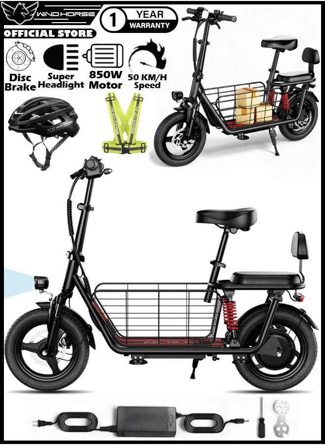 Wind Horse Electric Bike 850W Motor with Dual Seat, 48V10Ah Battery, 50KM/H Speed, 40KM Range, Dual Suspension and Storage Basket, E-Bike with Helmet and Safety Vest  - Image 1