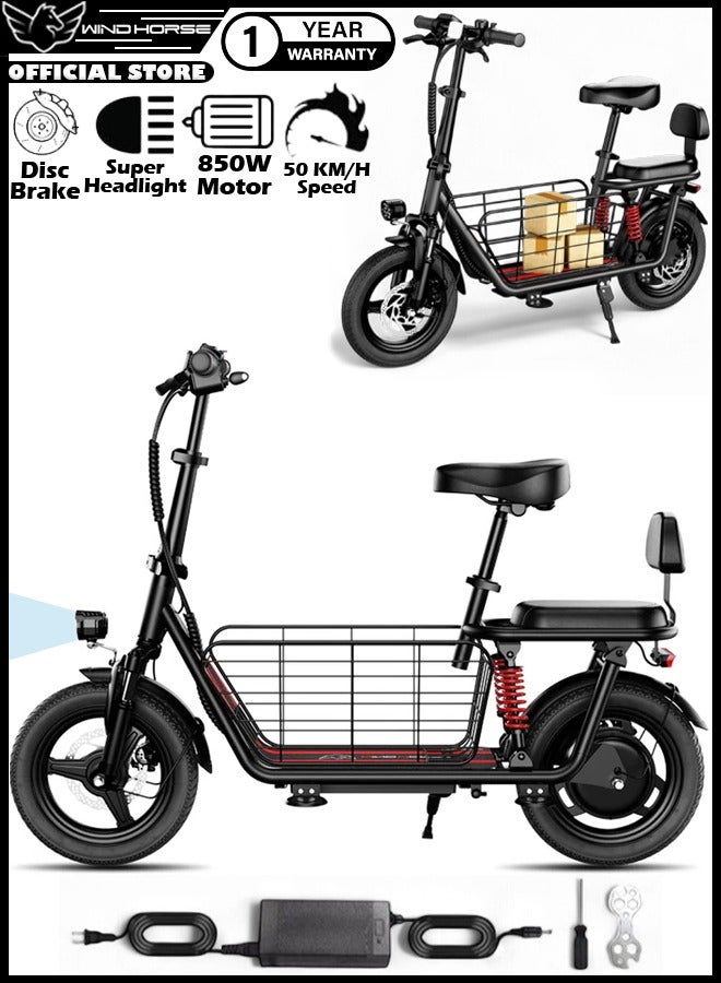 حصان الريح دراجة كهربائية بمحرك 500 واط (قوة قصوى 850 واط) مع مقعد مزدوج، بطارية 48V10Ah، سرعة 50 كم/ساعة، مدى 40 كم، تعليق مزدوج وسلة تخزين، دراجة كهربائية مع خوذة وسترة أمان - Image 1