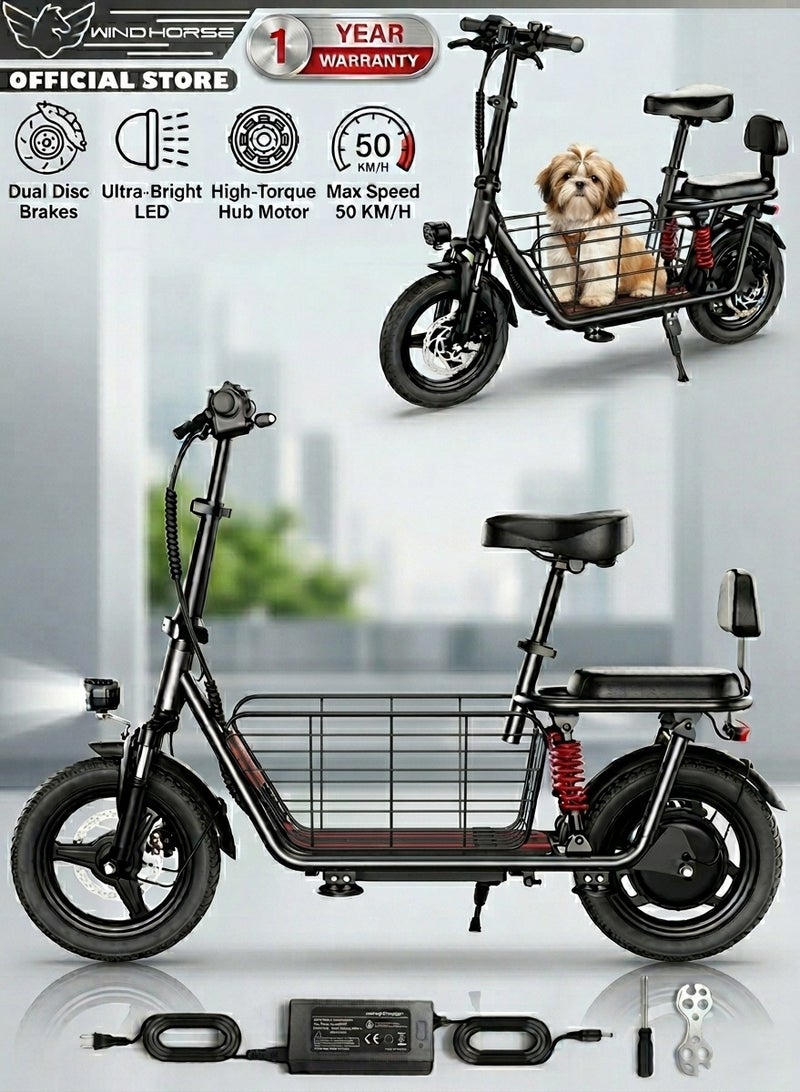 Wind Horse Electric Bike 500W Motor (Peak Power 850W) with Dual Seat, 48V10Ah Battery, 50KM/H Speed, 40KM Range, Dual Suspension and Storage Basket, E-Bike with Helmet and Safety Vest - Image 1