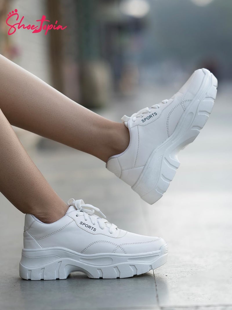 Shoetopia Shoeopia Lace-up Detail White Chunky Sneakers for Women & Girls /UK7 - Image 4