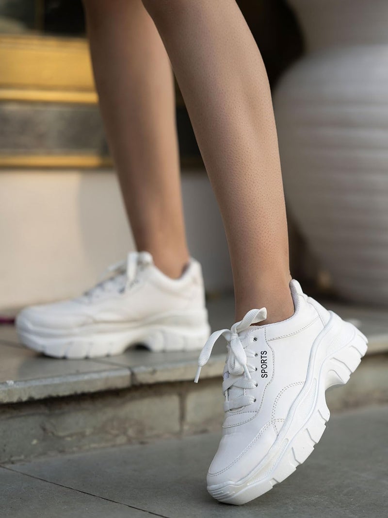Shoetopia Shoeopia Lace-up Detail White Chunky Sneakers for Women & Girls /UK7 - Image 2