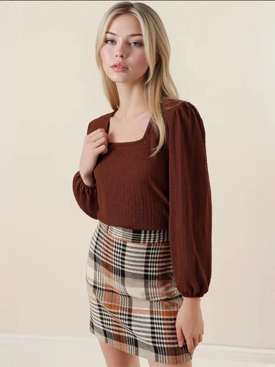 BIG DART BDART Textured Square Collar Long Sleeve Blouse