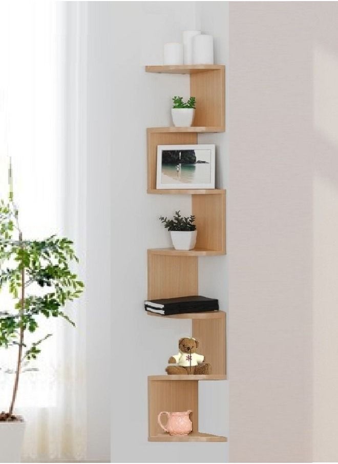 MARGOUN Wall Mount Corner Shelf Floating Home Office Decorative Shelving Wooden 7 Tier Modern Zigzag Bookcase Object Display Organizer Light Oak Brown  - Image 1