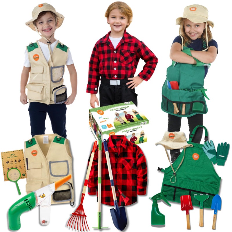 Born Toys 3-in-1 Outdoor Kids Dress Up Clothes for Toddlers  Washable Kids Dress Up Costume for Pretend Play for Boys & Girls  Gardening  Explorer & Farmer Costumes - Image 1