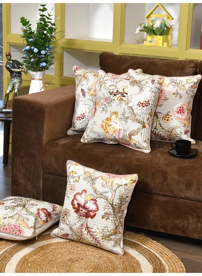 Clasiko Cotton 300 TC Cushion Covers Set Of 5; 18X18 Inches; Multicolor Flowers On Beige - Image 3