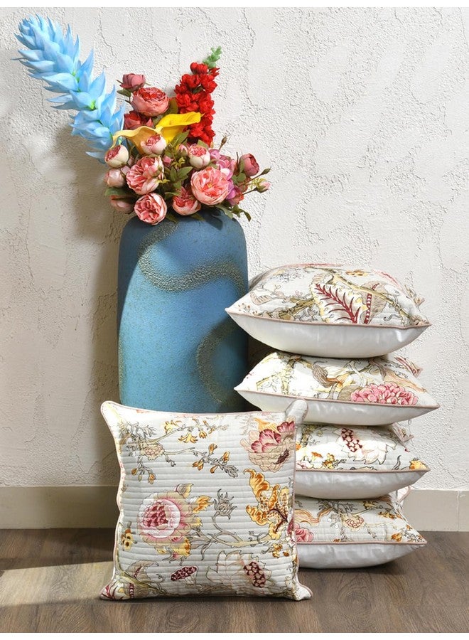 Clasiko Cotton 300 TC Cushion Covers Set Of 5; 18X18 Inches; Multicolor Flowers On Beige - Image 2