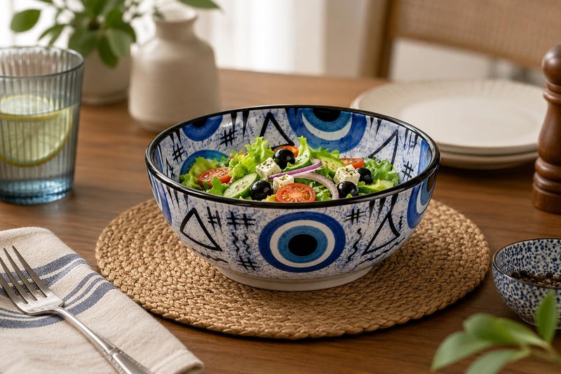 Handmade Ceramic Serving Bowl, Hand-Painted Blue Decorative Bowl, Artisan Pottery for Salad, Fruit, Snacks & Desserts, Made in Egypt, Available in Multiple Sizes (14x6 cm) - Image 2