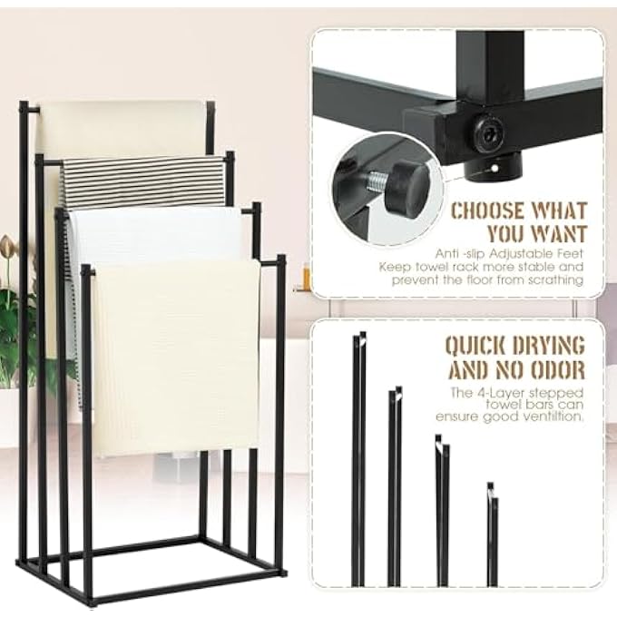 رفوف مناشف للحمام، رف مناشف طويل قائم بذاته، حامل مناشف حمام بأربعة طبقات، رفوف مناشف حديثة قائمة بذاتها للحمام، منظم، رف بطانيات معدني للاستخدام الخارجي، غرفة النوم، غرفة المعيشة - Image 4