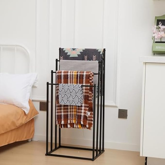 رفوف مناشف للحمام، رف مناشف طويل قائم بذاته، حامل مناشف حمام بأربعة طبقات، رفوف مناشف حديثة قائمة بذاتها للحمام، منظم، رف بطانيات معدني للاستخدام الخارجي، غرفة النوم، غرفة المعيشة - Image 5