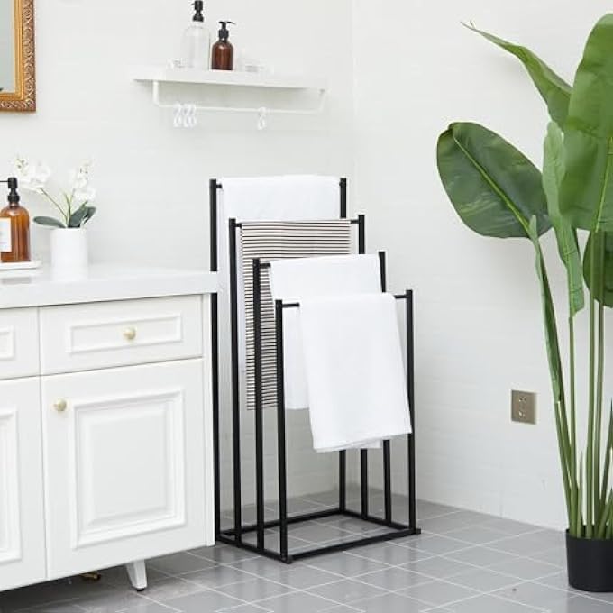 رفوف مناشف للحمام، رف مناشف طويل قائم بذاته، حامل مناشف حمام بأربعة طبقات، رفوف مناشف حديثة قائمة بذاتها للحمام، منظم، رف بطانيات معدني للاستخدام الخارجي، غرفة النوم، غرفة المعيشة - Image 2