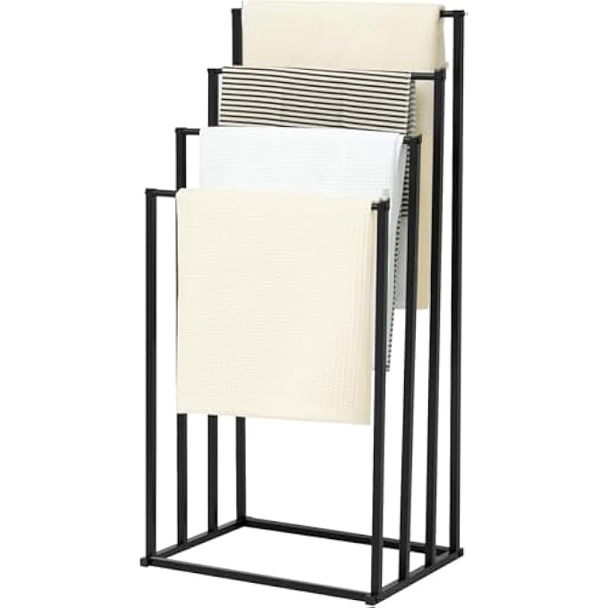 رفوف مناشف للحمام، رف مناشف طويل قائم بذاته، حامل مناشف حمام بأربعة طبقات، رفوف مناشف حديثة قائمة بذاتها للحمام، منظم، رف بطانيات معدني للاستخدام الخارجي، غرفة النوم، غرفة المعيشة - Image 1