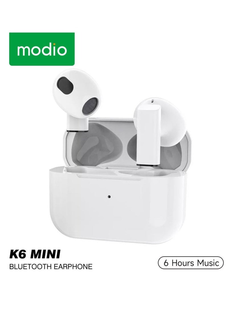 modio K6 Mini True Wireless Earbuds with ENC Noise Cancellation, Super Bass Sound, and HD Clear Microphone - White - Image 1