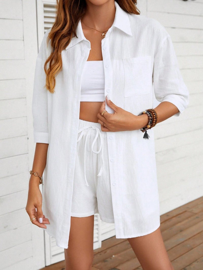 Summer New Fashion Single-breasted Shirt Solid Color Casual Loose suit Women