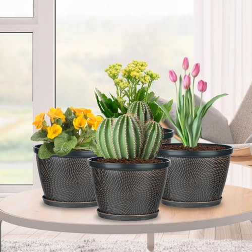Quarut 4 Pack 8 Inch Flower Pots for Outdoor Indoor Plastic Plant Pots with Drainage Hole Saucer Lightweight Small Flower Pot Circle Pattern Planters for Garden House plantersBrown - Image 3