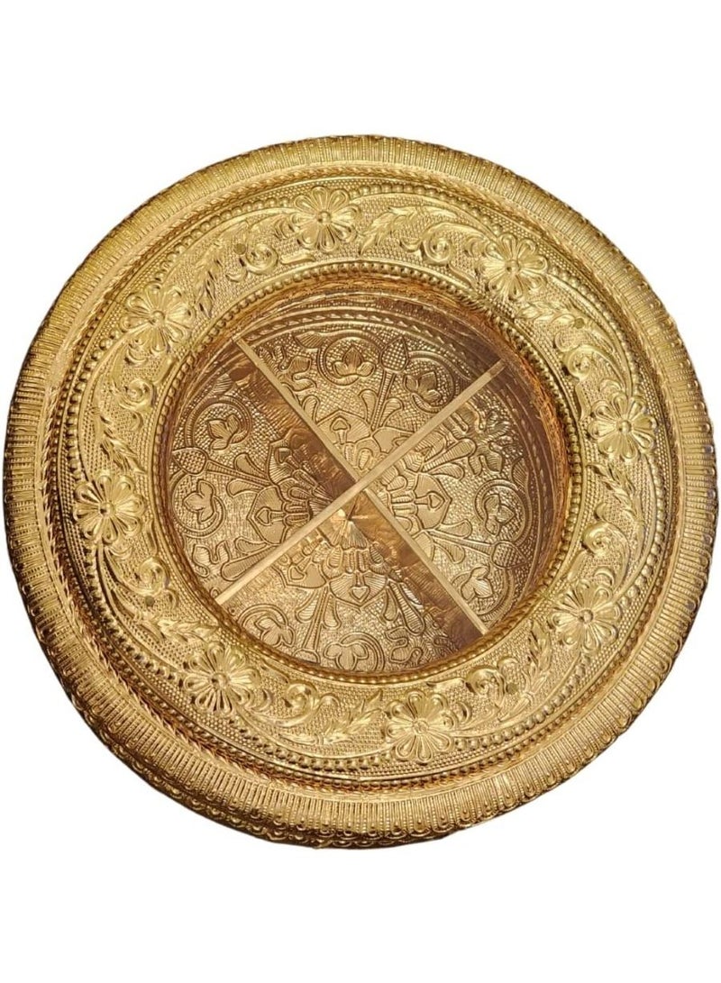 QUESERA صندوق حلوى الشوكولاتة والتمر والفواكه المجففة مصنوع يدويًا بقاعدة خشبية مصنوعة يدويًا، صندوق ذهبي جميل منحوت يدويًا مع غطاء، صندوق تخزين طعام مكون من 4 أقسام، صندوق هدايا - Image 1