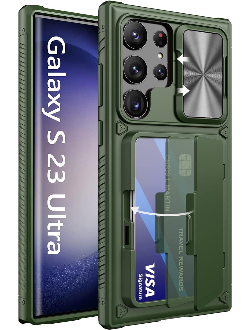 Vihibii for Samsung Galaxy S23 Ultra Case with Card Holder (4 Cards) & Sliding Camera Cover & Kickstand, Shockproof Rugged Hard Back & TPU Edge Wallet Case for Galaxy S23 Ultra 5G 6.8" 2023, Green - Image 1