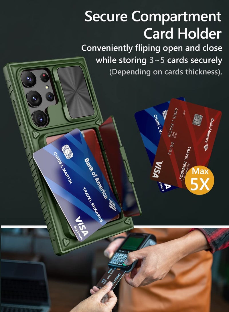 Vihibii for Samsung Galaxy S23 Ultra Case with Card Holder (4 Cards) & Sliding Camera Cover & Kickstand, Shockproof Rugged Hard Back & TPU Edge Wallet Case for Galaxy S23 Ultra 5G 6.8" 2023, Green - Image 2