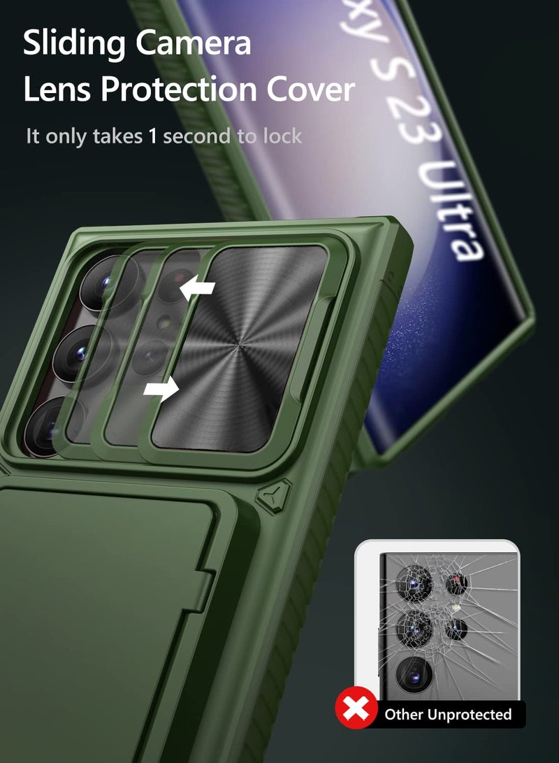 Vihibii for Samsung Galaxy S23 Ultra Case with Card Holder (4 Cards) & Sliding Camera Cover & Kickstand, Shockproof Rugged Hard Back & TPU Edge Wallet Case for Galaxy S23 Ultra 5G 6.8" 2023, Green - Image 3