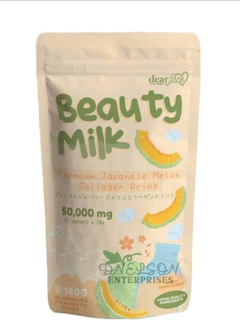 Dear Face Beauty Milk – Premium Japanese Melon Collagen Drink | 50,000mg Marine Collagen for Glowing Skin, Hair & Nails – 10 Sachets (180g)