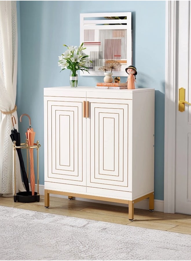 woodx Off-White Shoe Cabinet with Gold Line Detail and Legs  - Image 1