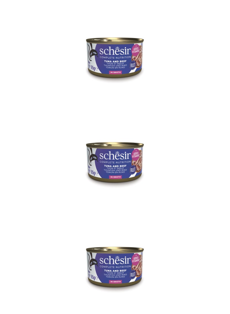 Schesir Complete & Balanced Nutrition Wet Cat Food in Broth Can- Tuna With Beef 85g x 3pcs