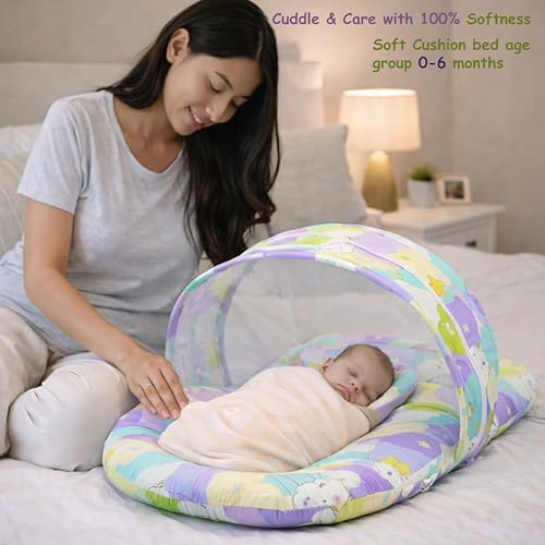 Fareto Combo of Baby Bed with Net | Carry Bag | 4 Pcs Bedding Set (0-6 Months, Baby Size, Cotton) (PURPAL NEW Star) - Image 2