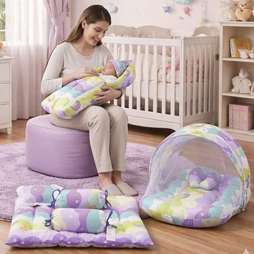 Fareto Combo of Baby Bed with Net | Carry Bag | 4 Pcs Bedding Set (0-6 Months, Baby Size, Cotton) (PURPAL NEW Star) - Image 1