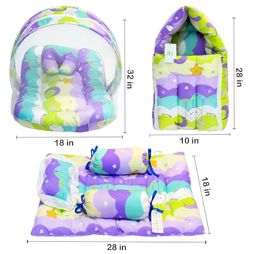 Fareto Combo of Baby Bed with Net | Carry Bag | 4 Pcs Bedding Set (0-6 Months, Baby Size, Cotton) (PURPAL NEW Star) - Image 5