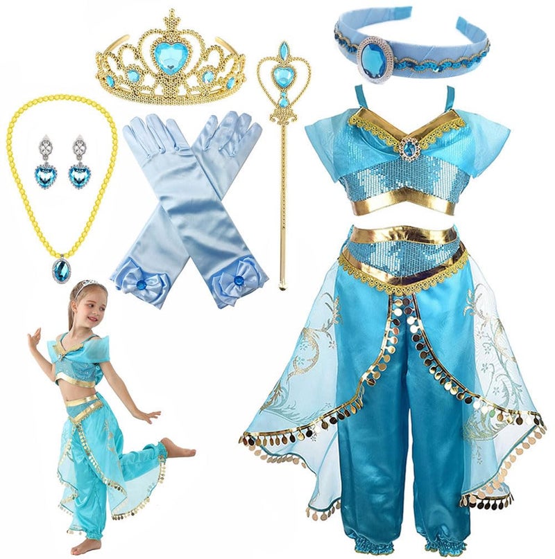 Yosbabe Girls Jasmine Costume Arabian Princess Jasmine Cosplay Costume with Headband Accessories Halloween Party Dress up Costume for Kids 12045T - Image 2