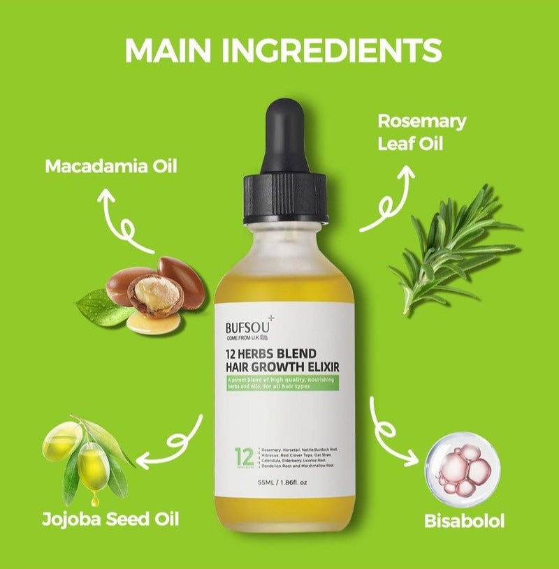 BUFSOU 12 Herbs Hair Growth Oil 55ml – Herbal Elixir for Stronger Roots, Faster Hair Growth & Hair Loss Control – Natural Hair Care for Men & Women - Image 2