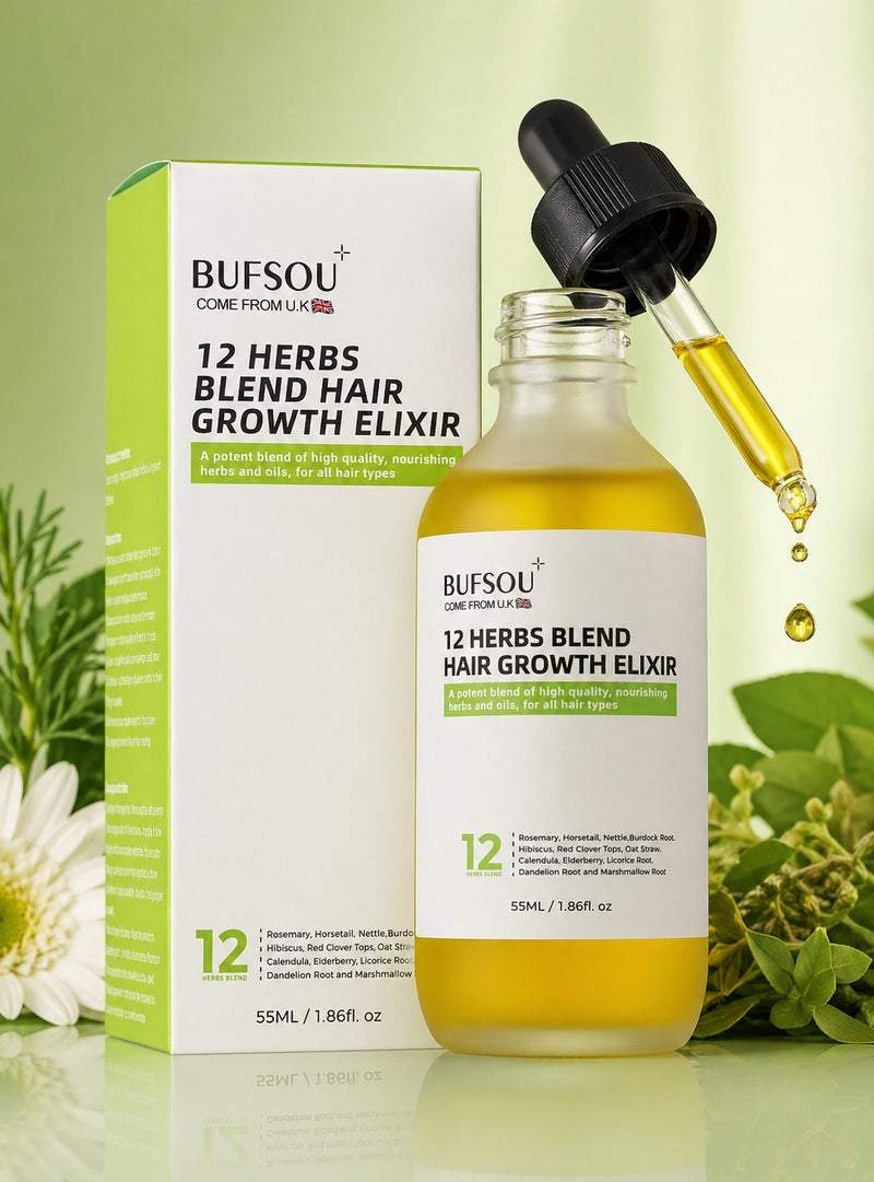 BUFSOU 12 Herbs Hair Growth Oil 55ml – Herbal Elixir for Stronger Roots, Faster Hair Growth & Hair Loss Control – Natural Hair Care for Men & Women - Image 1