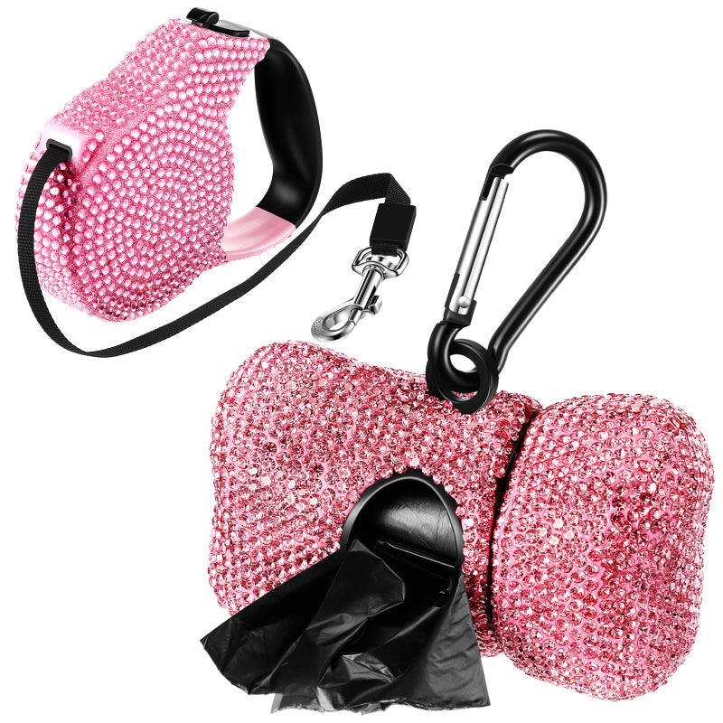 LEIFIDE 2 Pack Rhinestone Retractable Dog Leash and Bag Holder Set Pink Bling Bone Shaped Pet Waste Bags Dispenser with Metal Clip Heavy Duty Dog Leash for Most Puppy