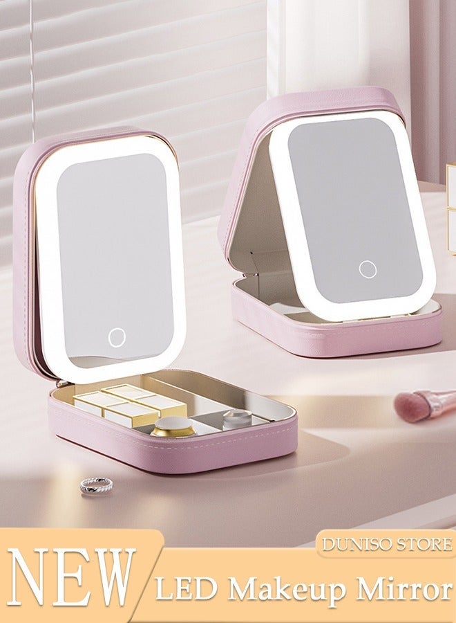 DUNISO Travel Makeup Bag with LED Mirror, USB Rechargeable LED Mirror Cosmetic Makeup Bag,Travel Makeup Case with Led Mirror, Portable Makeup Box with Mirror and Light(Pink) - Image 1