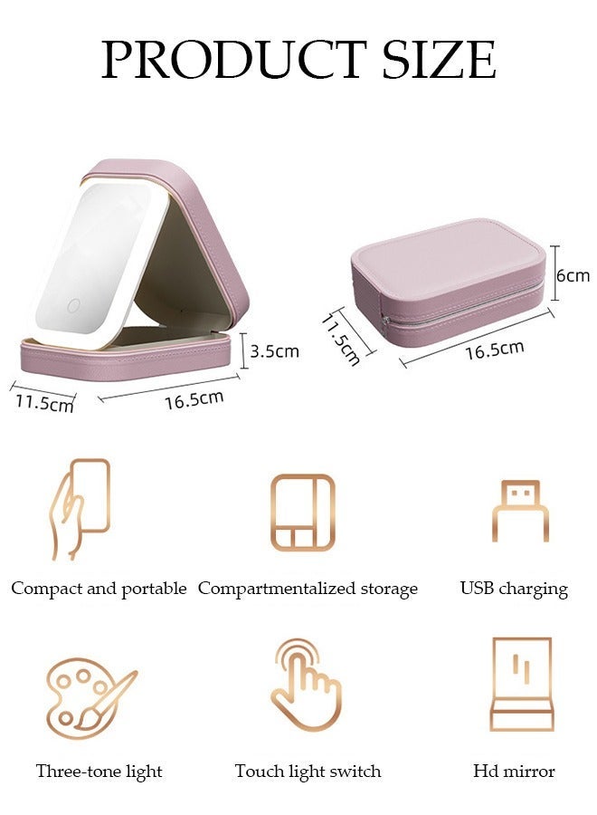 DUNISO Travel Makeup Bag with LED Mirror, USB Rechargeable LED Mirror Cosmetic Makeup Bag,Travel Makeup Case with Led Mirror, Portable Makeup Box with Mirror and Light(Pink) - Image 2