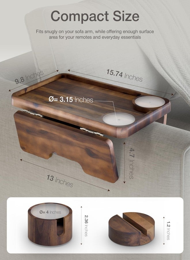 HOLANA Acacia Wood Couch Arm Tray, 15.74”x9.8” Arm Table for Couch - Couch Cup Holder Tray with Rotated Phone Holder, Cup Holder - Clip on Sofa Armchair Caddy with Non-Slip Pad (Walnut Color) - Image 2