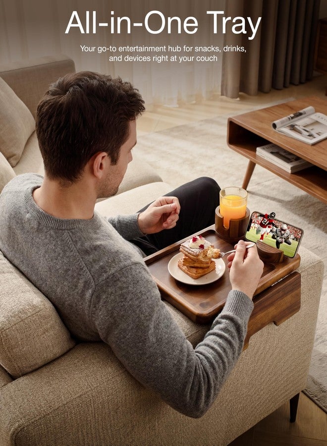 HOLANA Acacia Wood Couch Arm Tray, 15.74”x9.8” Arm Table for Couch - Couch Cup Holder Tray with Rotated Phone Holder, Cup Holder - Clip on Sofa Armchair Caddy with Non-Slip Pad (Walnut Color) - Image 5