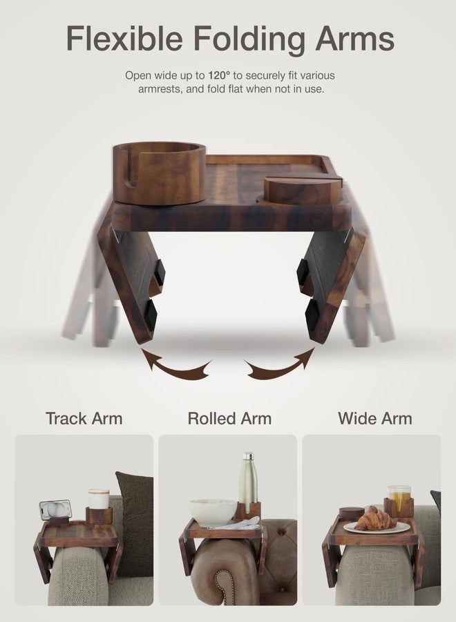 HOLANA Acacia Wood Couch Arm Tray, 15.74”x9.8” Arm Table for Couch - Couch Cup Holder Tray with Rotated Phone Holder, Cup Holder - Clip on Sofa Armchair Caddy with Non-Slip Pad (Walnut Color) - Image 3