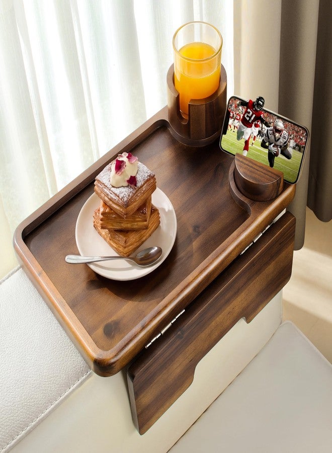 HOLANA Acacia Wood Couch Arm Tray, 15.74”x9.8” Arm Table for Couch - Couch Cup Holder Tray with Rotated Phone Holder, Cup Holder - Clip on Sofa Armchair Caddy with Non-Slip Pad (Walnut Color) - Image 1
