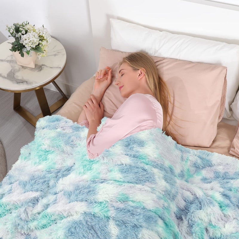 Tuddrom Decorative Extra Soft Faux Fur Blanket Queen Size 80""x90"" Solid Reversible Fuzzy Long Hair Shaggy Blanket Fluffy Plush Fleece Comfy Microfiber Fur Blanket for Couch Sofa Bed Tie Dye Blue - Image 3