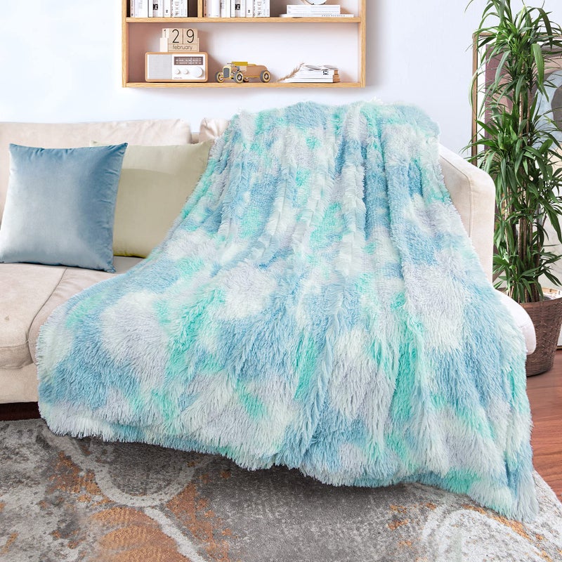 Tuddrom Decorative Extra Soft Faux Fur Blanket Queen Size 80""x90"" Solid Reversible Fuzzy Long Hair Shaggy Blanket Fluffy Plush Fleece Comfy Microfiber Fur Blanket for Couch Sofa Bed Tie Dye Blue - Image 1