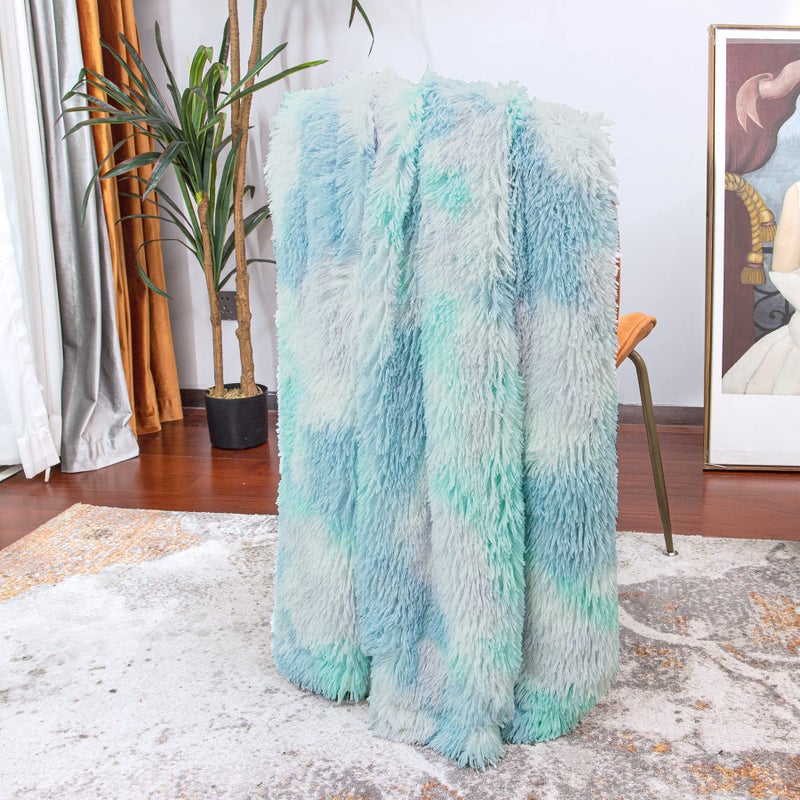 Tuddrom Decorative Extra Soft Faux Fur Blanket Queen Size 80""x90"" Solid Reversible Fuzzy Long Hair Shaggy Blanket Fluffy Plush Fleece Comfy Microfiber Fur Blanket for Couch Sofa Bed Tie Dye Blue - Image 4
