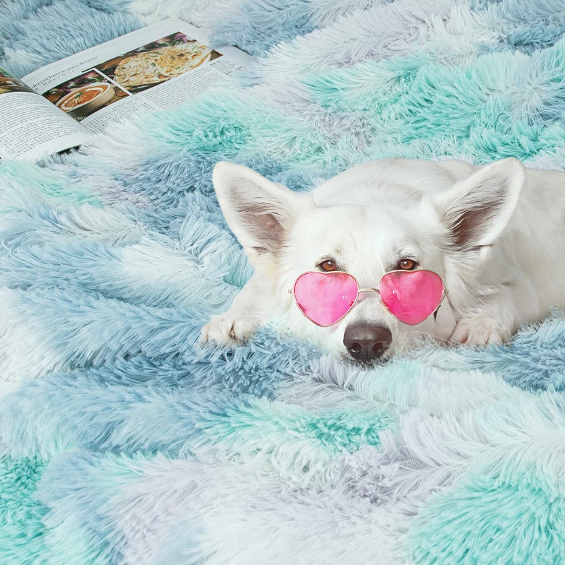 Tuddrom Decorative Extra Soft Faux Fur Blanket Queen Size 80""x90"" Solid Reversible Fuzzy Long Hair Shaggy Blanket Fluffy Plush Fleece Comfy Microfiber Fur Blanket for Couch Sofa Bed Tie Dye Blue - Image 5