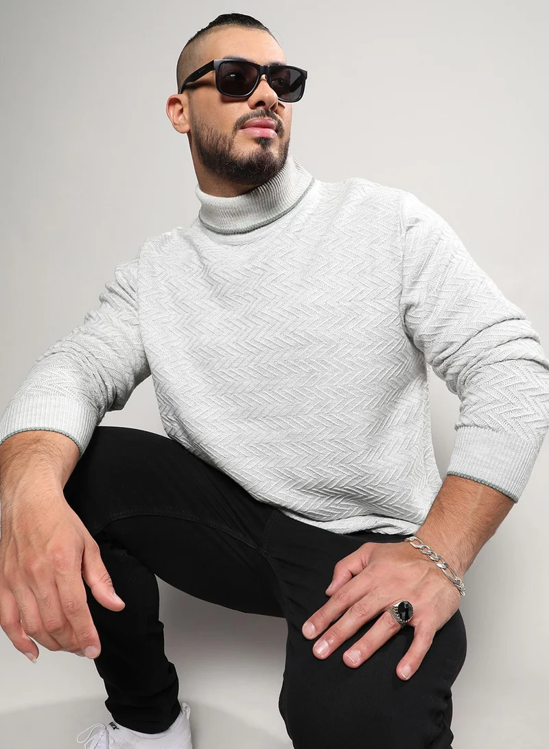 انستافاب بلس كنزة رجالية محبوكة بنقشة شيفرون بيج بياقة سلحفاة وأكمام طويلة للاستخدام اليومي